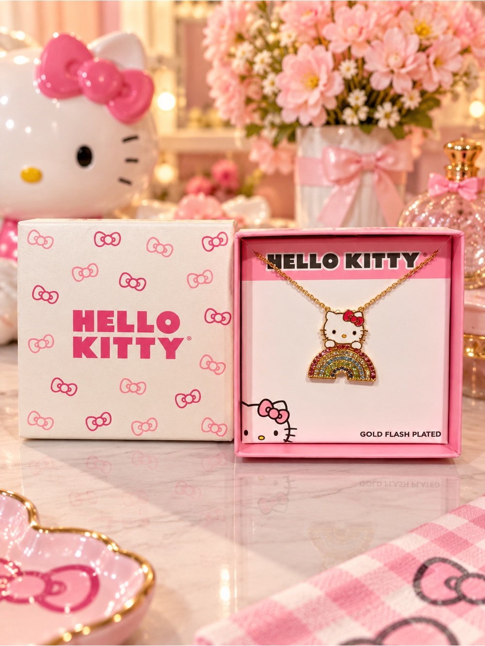 Hello Kitty Rainbow Crystal Necklace 18” Sanrio Gold Plated NEW
